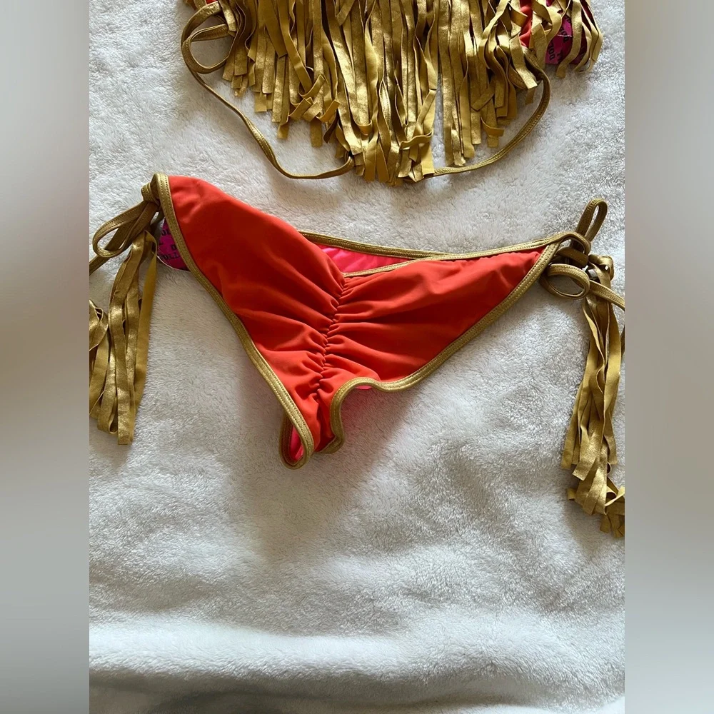 Doll Swimwear Corral and gold trim fringes scrunch butt two piece set